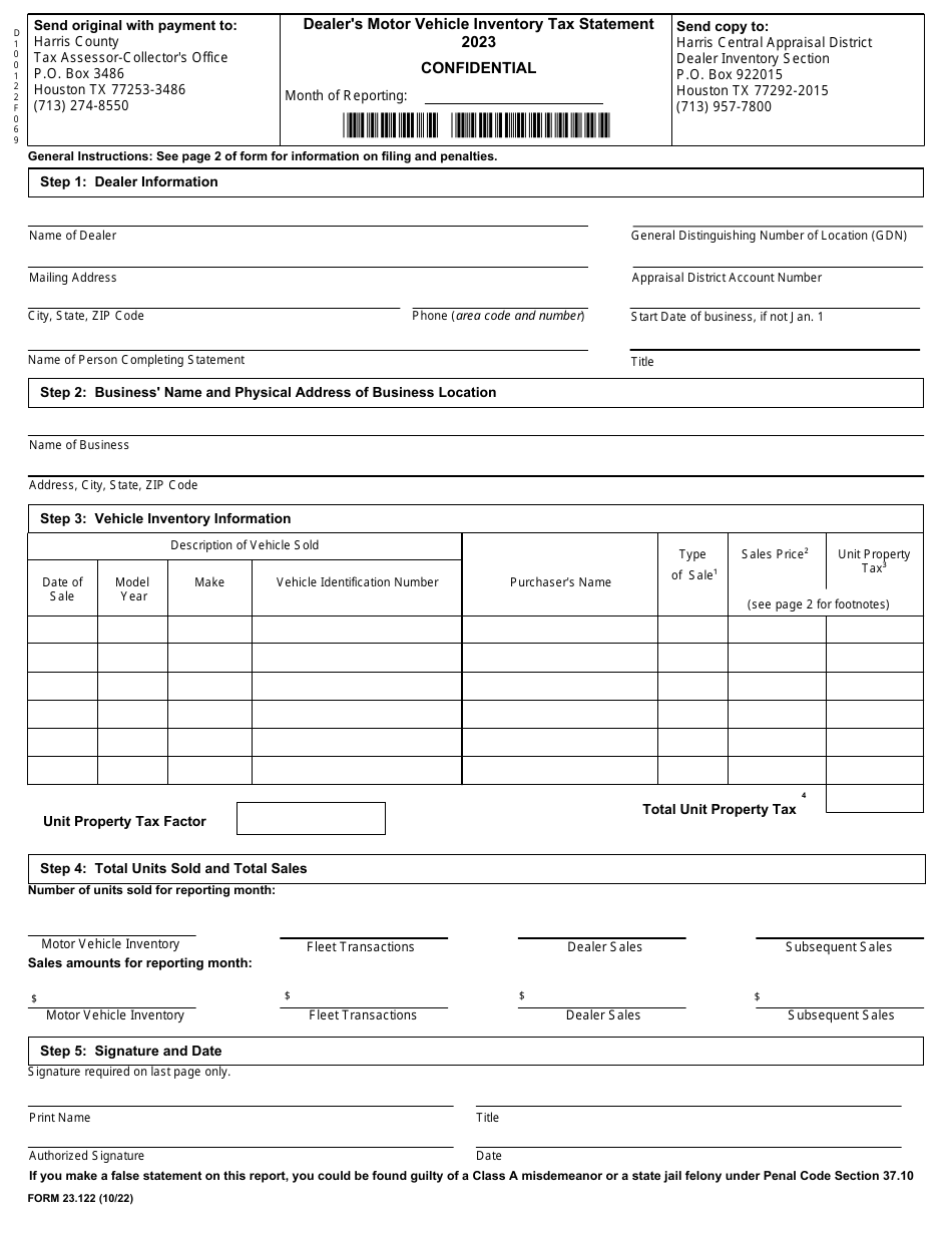 Form 23.122 Dealers Motor Vehicle Inventory Tax Statement - Harris County, Texas, Page 1