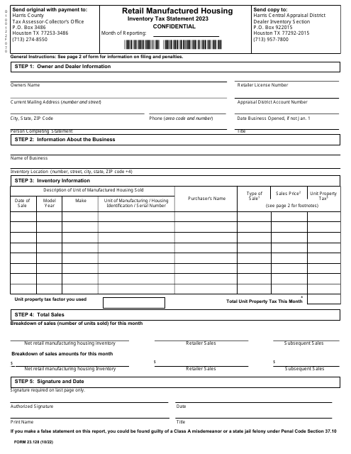 Form 23.128 Retail Manufactured Housing Inventory Tax Statement - Harris County, Texas, 2023