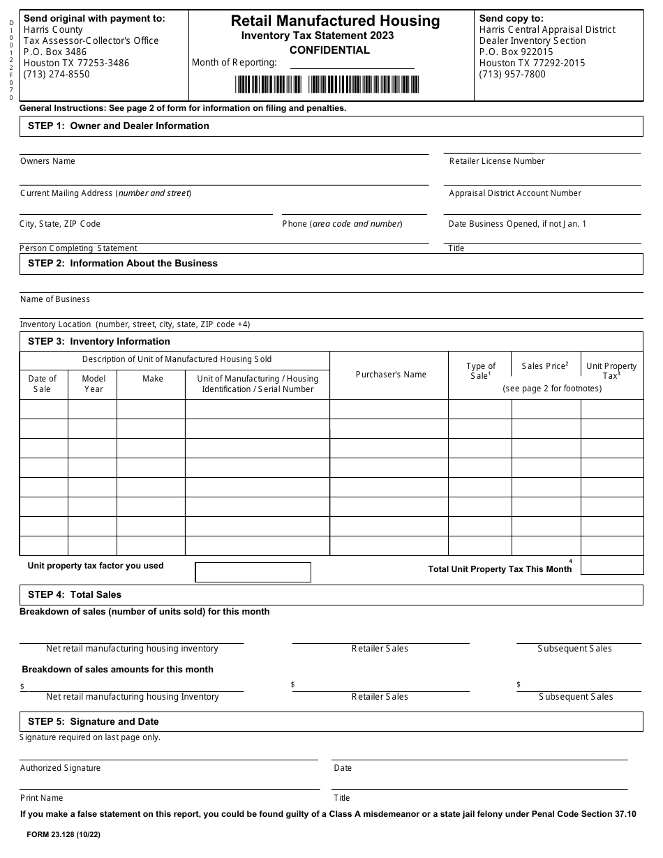 Form 23.128 Retail Manufactured Housing Inventory Tax Statement - Harris County, Texas, Page 1
