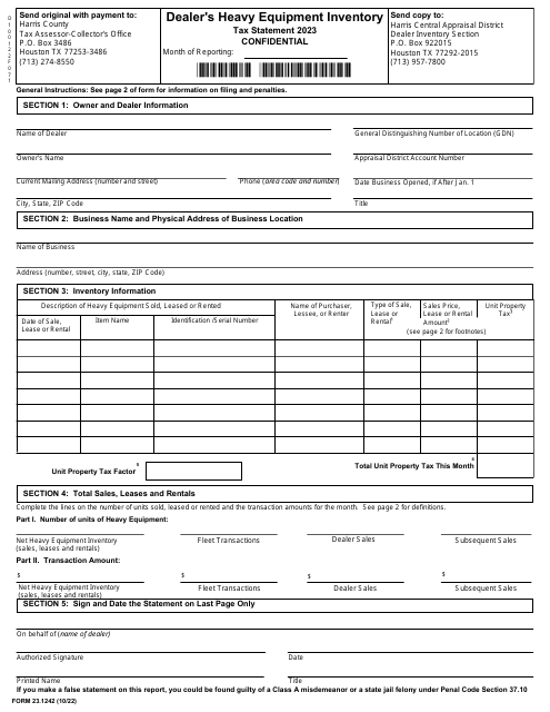 Form 23.1242 Dealer's Heavy Equipment Inventory Tax Statement - Harris County, Texas, 2023