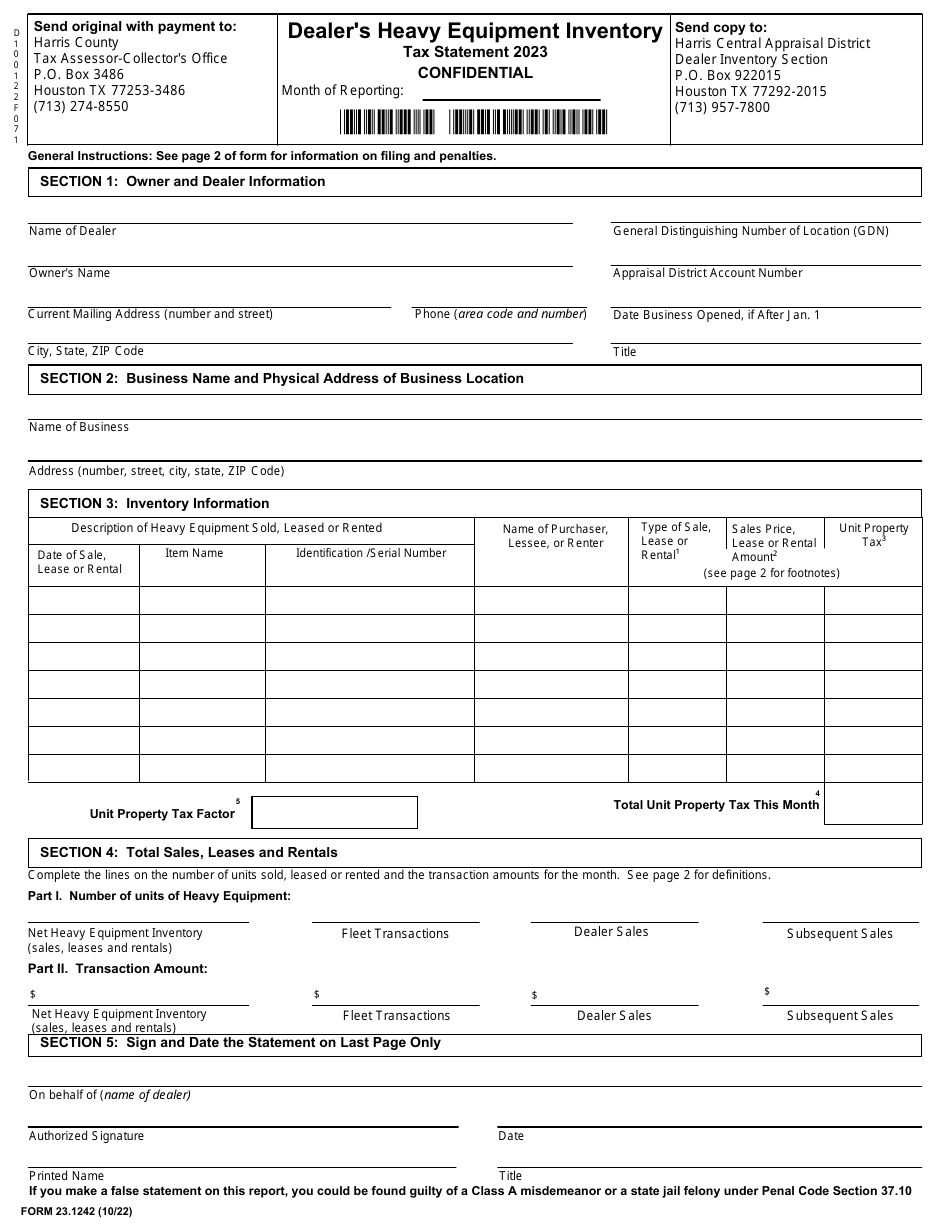 Form 23.1242 Dealers Heavy Equipment Inventory Tax Statement - Harris County, Texas, Page 1