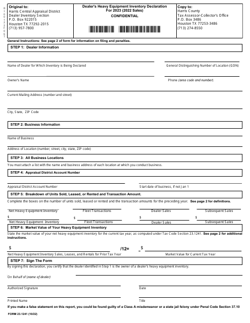 Form 23.1241 Dealer's Heavy Equipment Inventory Declaration - Harris Counry, Texas, 2023