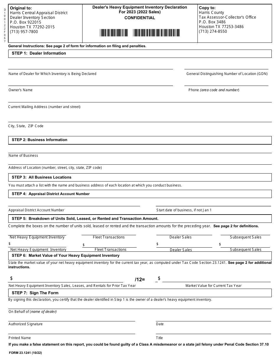 Form 23.1241 Dealers Heavy Equipment Inventory Declaration - Harris Counry, Texas, Page 1