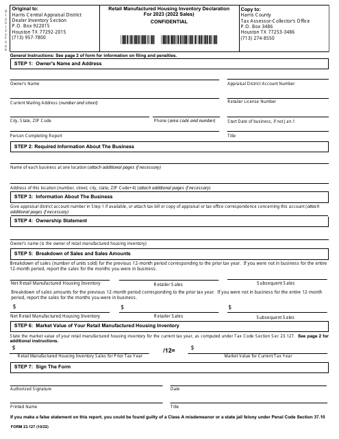 Form 23.127 Retail Manufactured Housing Inventory Declaration - Harris County, Texas, 2023