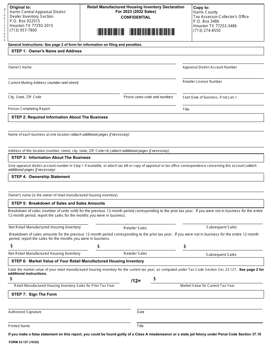 Form 23.127 Retail Manufactured Housing Inventory Declaration - Harris County, Texas, Page 1