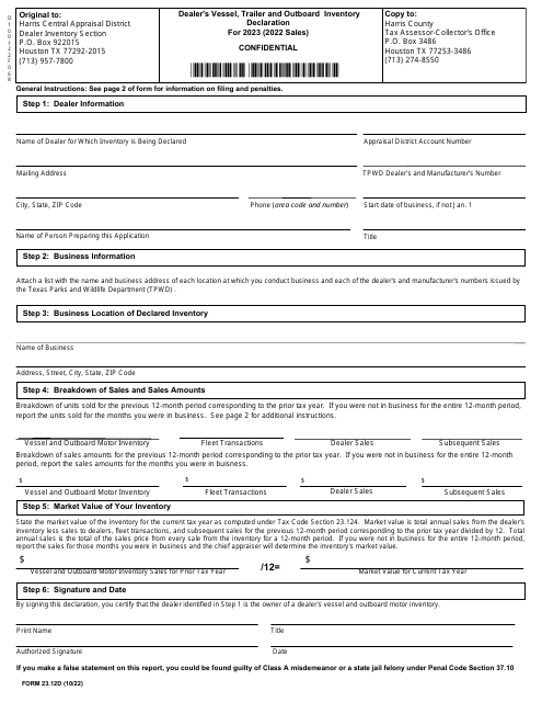 Form 23.12D Dealer's Vessel, Trailer and Outboard Inventory Declaration - Harris County, Texas, 2023