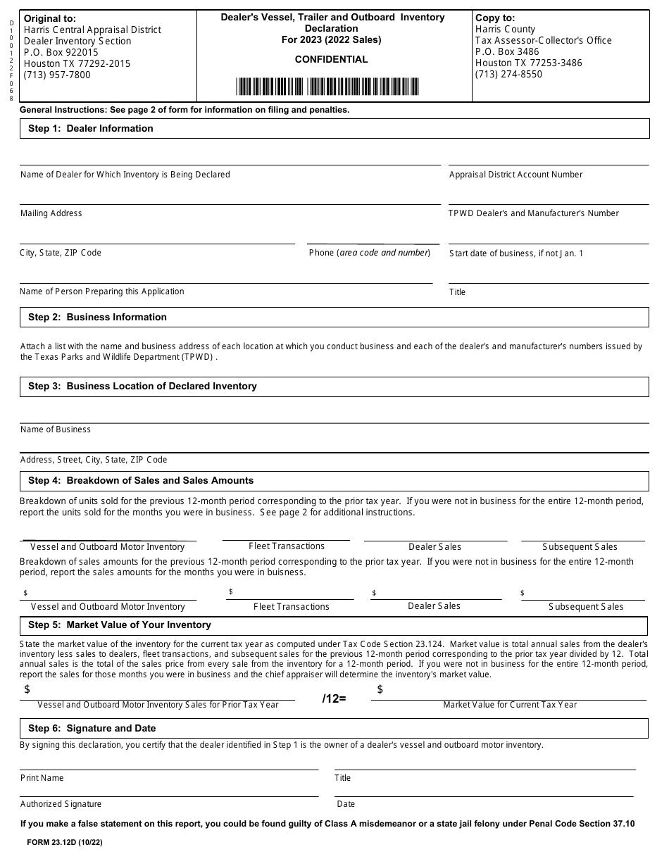 Form 23.12D Dealers Vessel, Trailer and Outboard Inventory Declaration - Harris County, Texas, Page 1