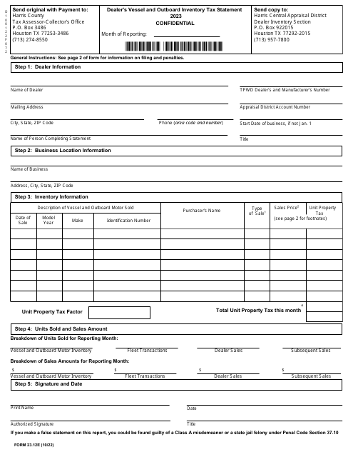 Form 23.12E Dealer's Vessel and Outboard Inventory Tax Statement - Harris County, Texas, 2023