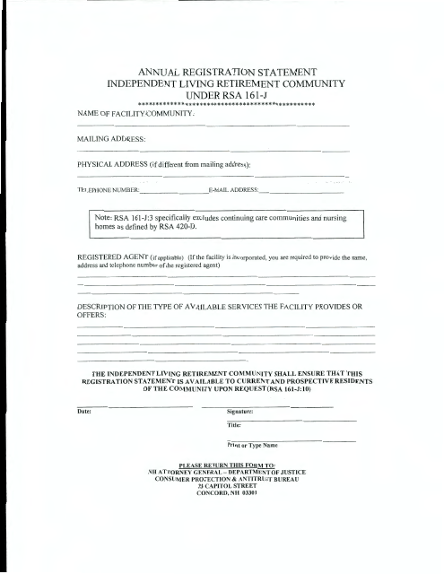 Annual Registration Statement - Independent Living Retirement Community Under Rsa 161-j - New Hampshire Download Pdf