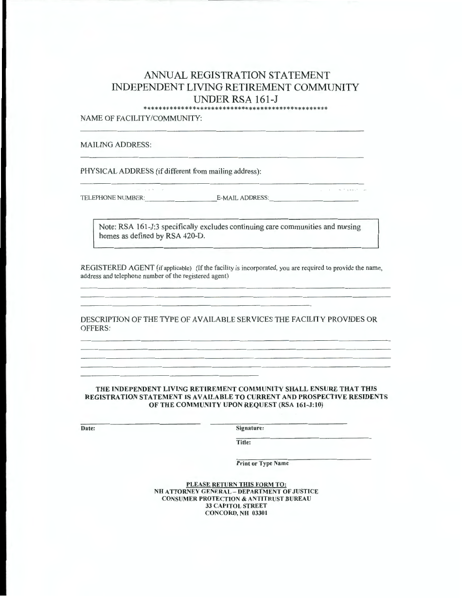 Annual Registration Statement - Independent Living Retirement Community Under Rsa 161-j - New Hampshire, Page 1