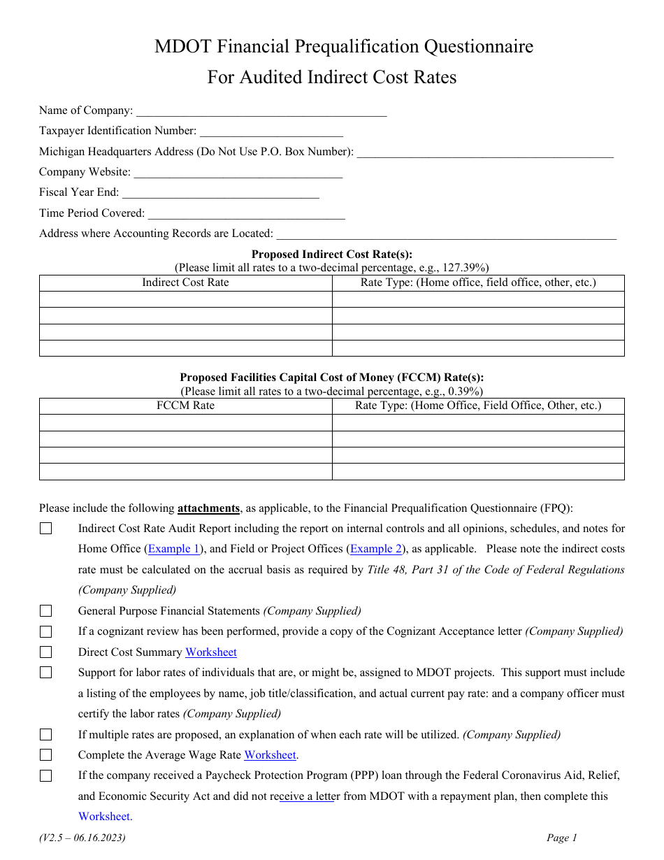 Financial Prequalification Questionnaire for Audited Indirect Cost Rates - Michigan, Page 10