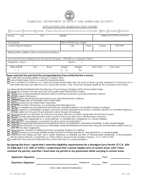 Form SF-1170 Application for Handgun Carry Permit - Tennessee
