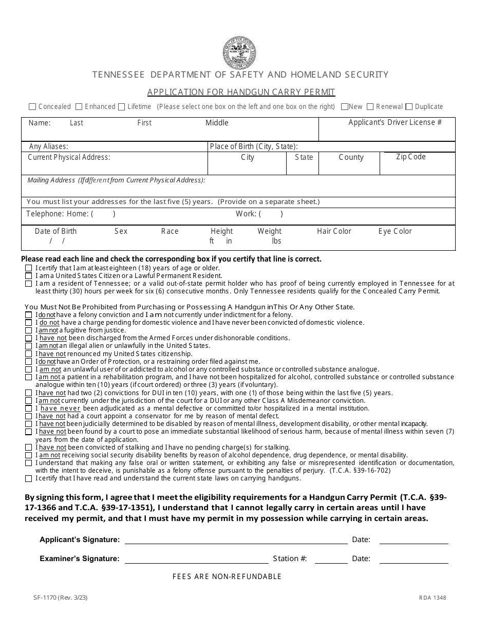 Form SF-1170 Application for Handgun Carry Permit - Tennessee, Page 1