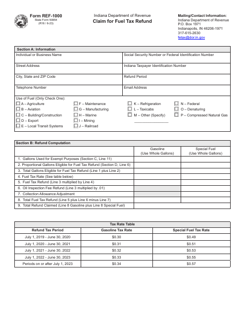 Form REF-1000 (State Form 50854) Claim for Fuel Tax Refund - Indiana
