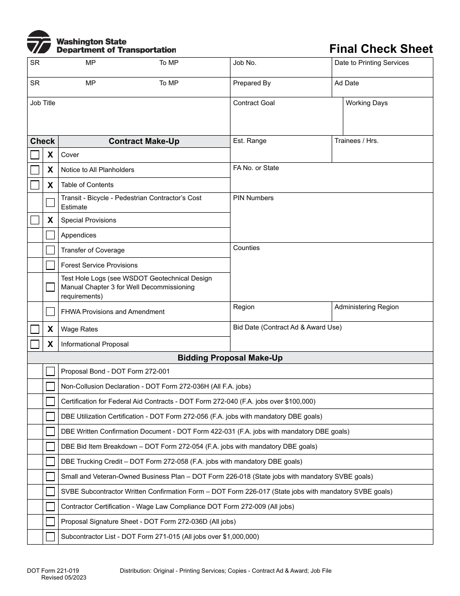 DOT Form 221-019 Final Check Sheet - Washington, Page 1