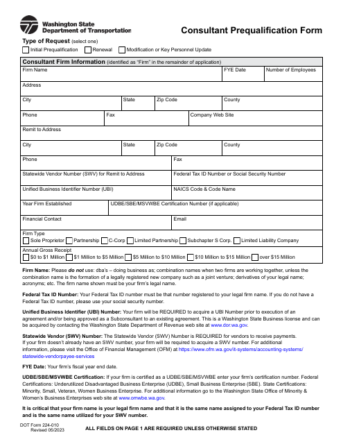 DOT Form 224-010 Consultant Prequalification Form - Washington