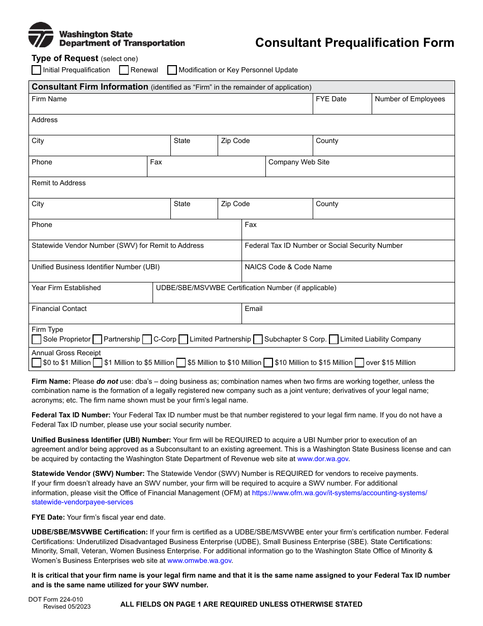 DOT Form 224-010 Consultant Prequalification Form - Washington, Page 1