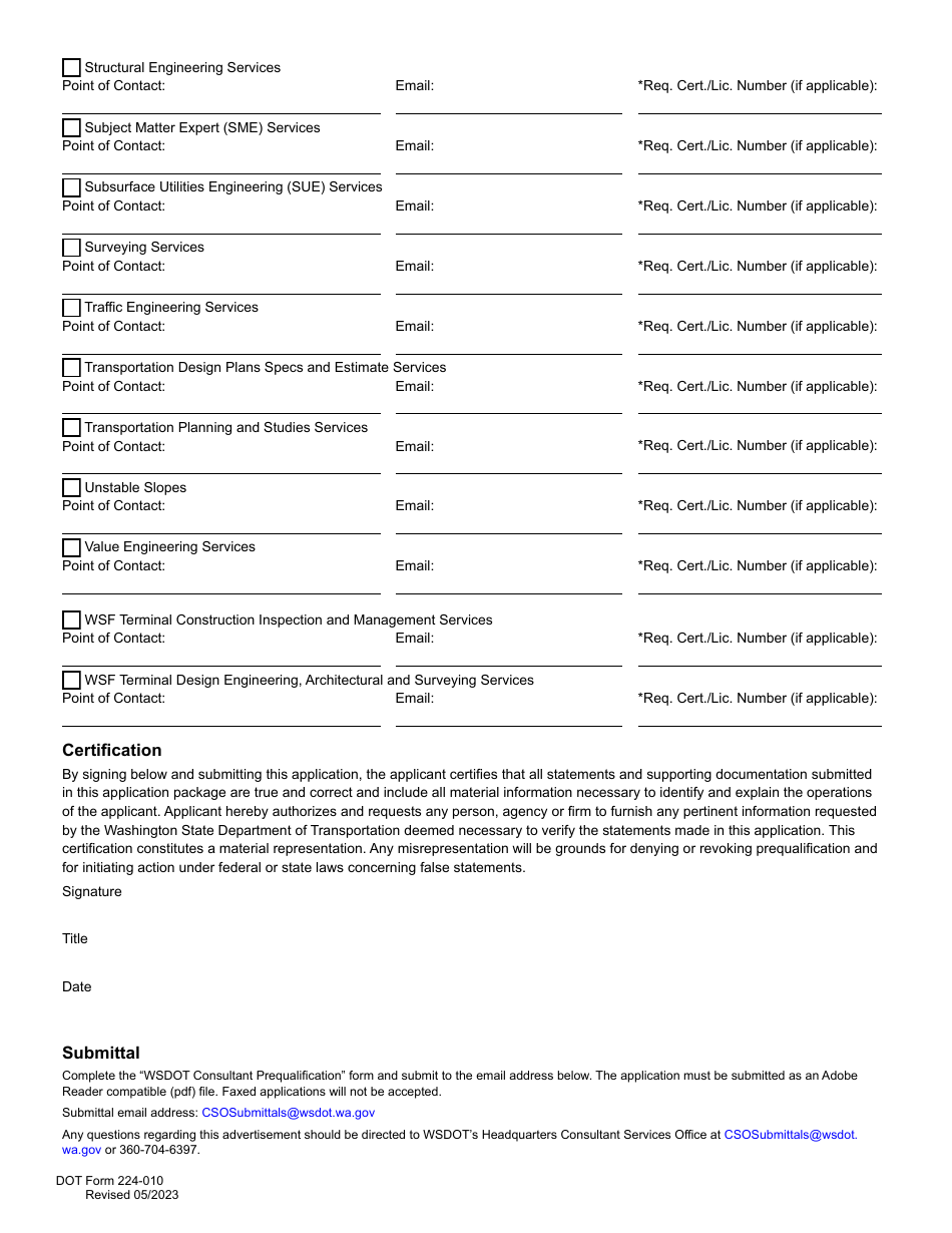 DOT Form 224-010 Consultant Prequalification Form - Washington, Page 3