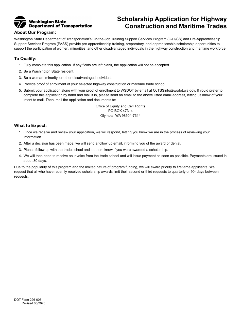 DOT Form 226-005 Scholarship Application for Highway Construction and Maritime Trades - Washington, Page 1