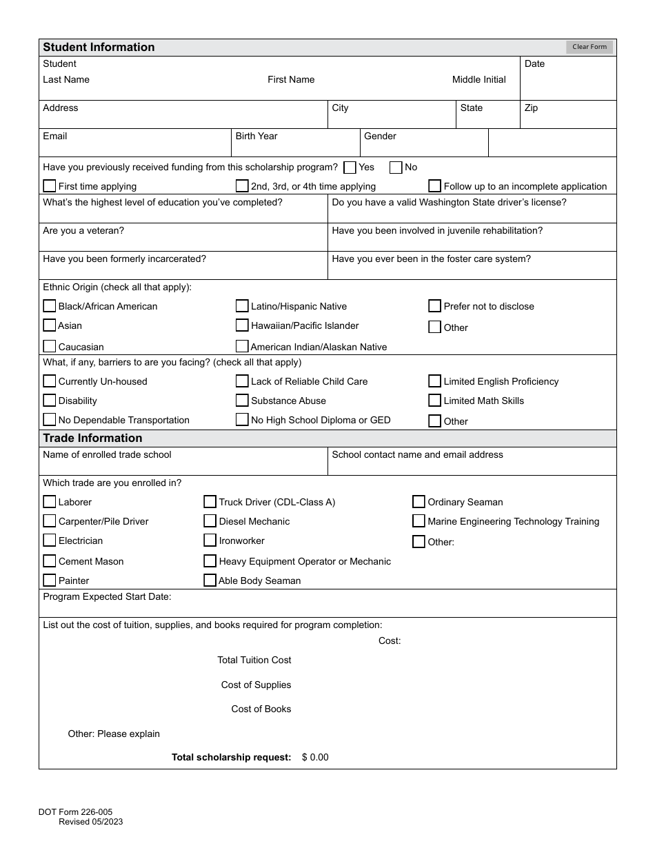 DOT Form 226-005 Scholarship Application for Highway Construction and Maritime Trades - Washington, Page 2