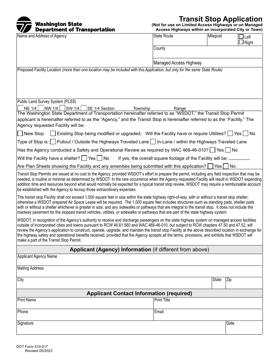 DOT Form 510-017 Transit Stop Application - Washington, Page 1