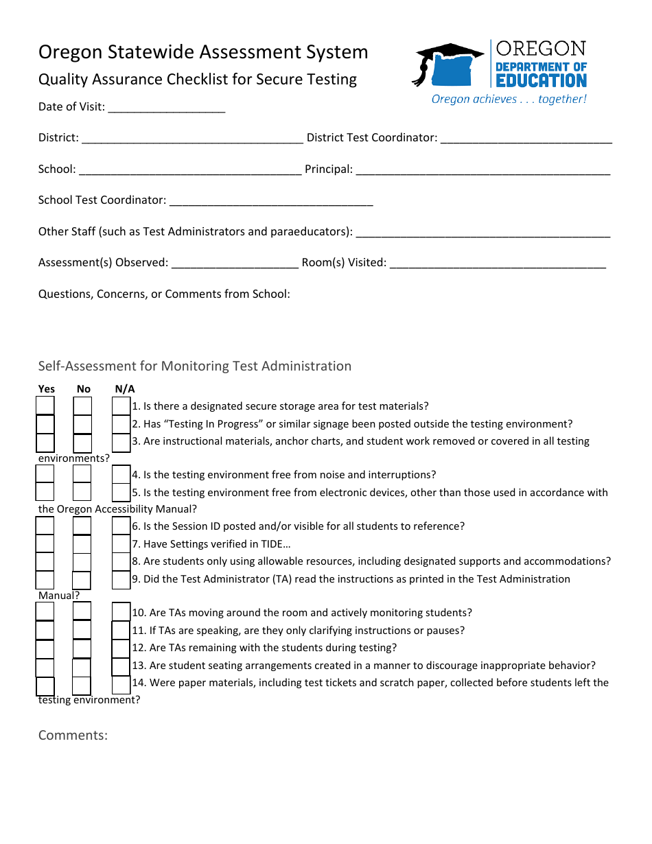 Quality Assurance Checklist for Secure Testing - Oregon Statewide Assessment System - Oregon, Page 1