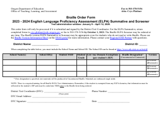 Document preview: Braille Order Form - English Language Proficiency Assessment (Elpa) Summative and Screener - Oregon, 2024