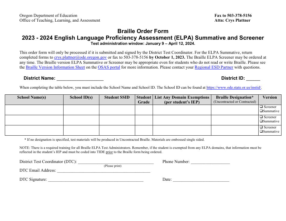 Braille Order Form - English Language Proficiency Assessment (Elpa) Summative and Screener - Oregon, Page 1