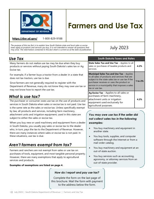 Farmer's Use Tax Form - South Dakota Download Pdf