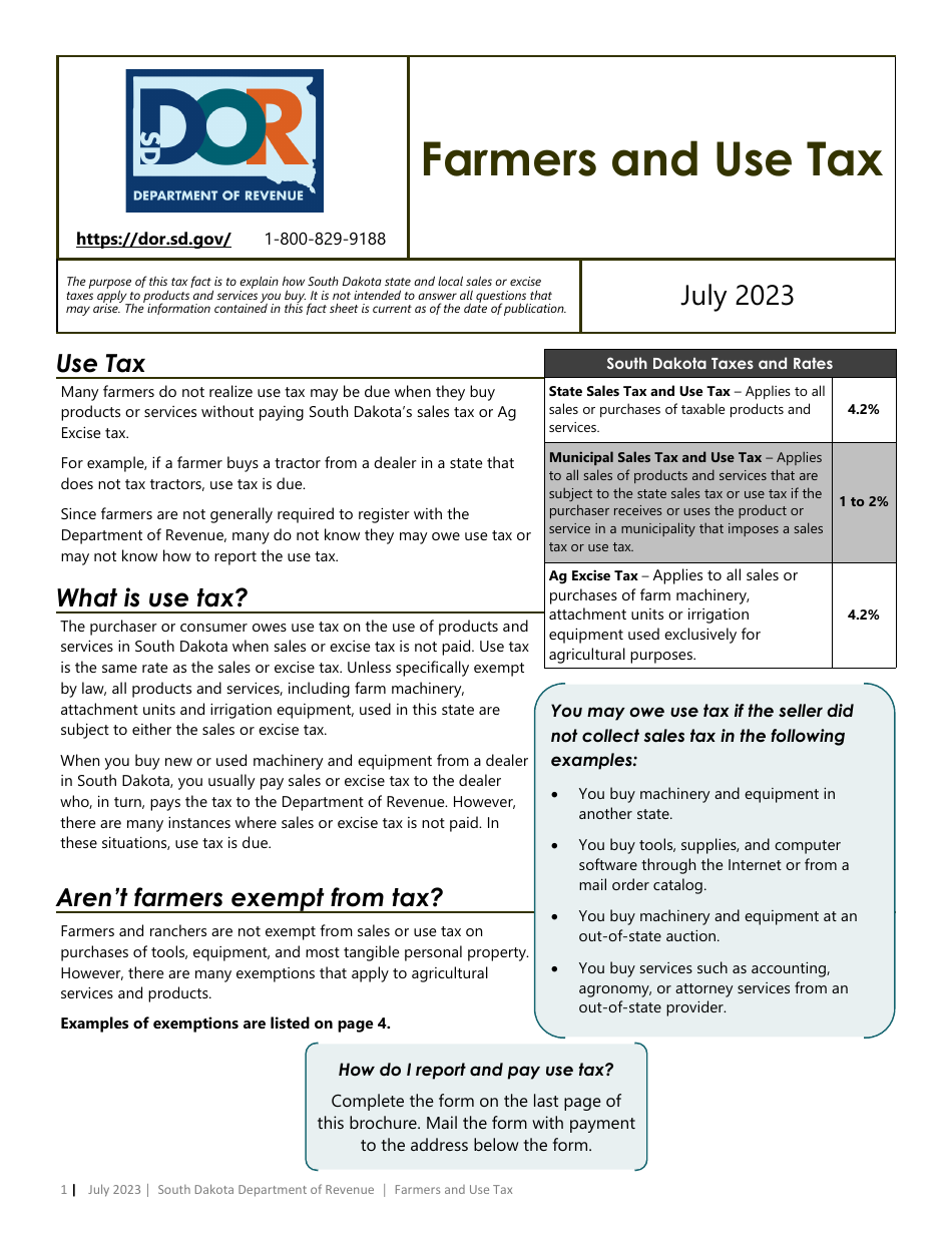 South Dakota Farmer's Use Tax Form Download Printable PDF 2020 — 2024
