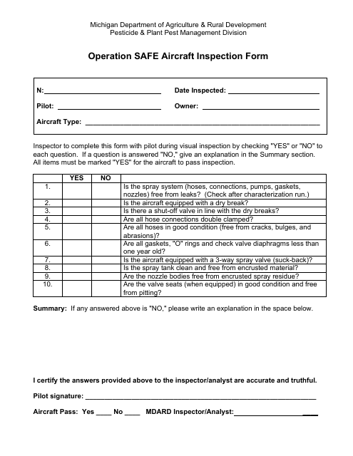 Operation Safe Aircraft Inspection Form - Michigan Download Pdf