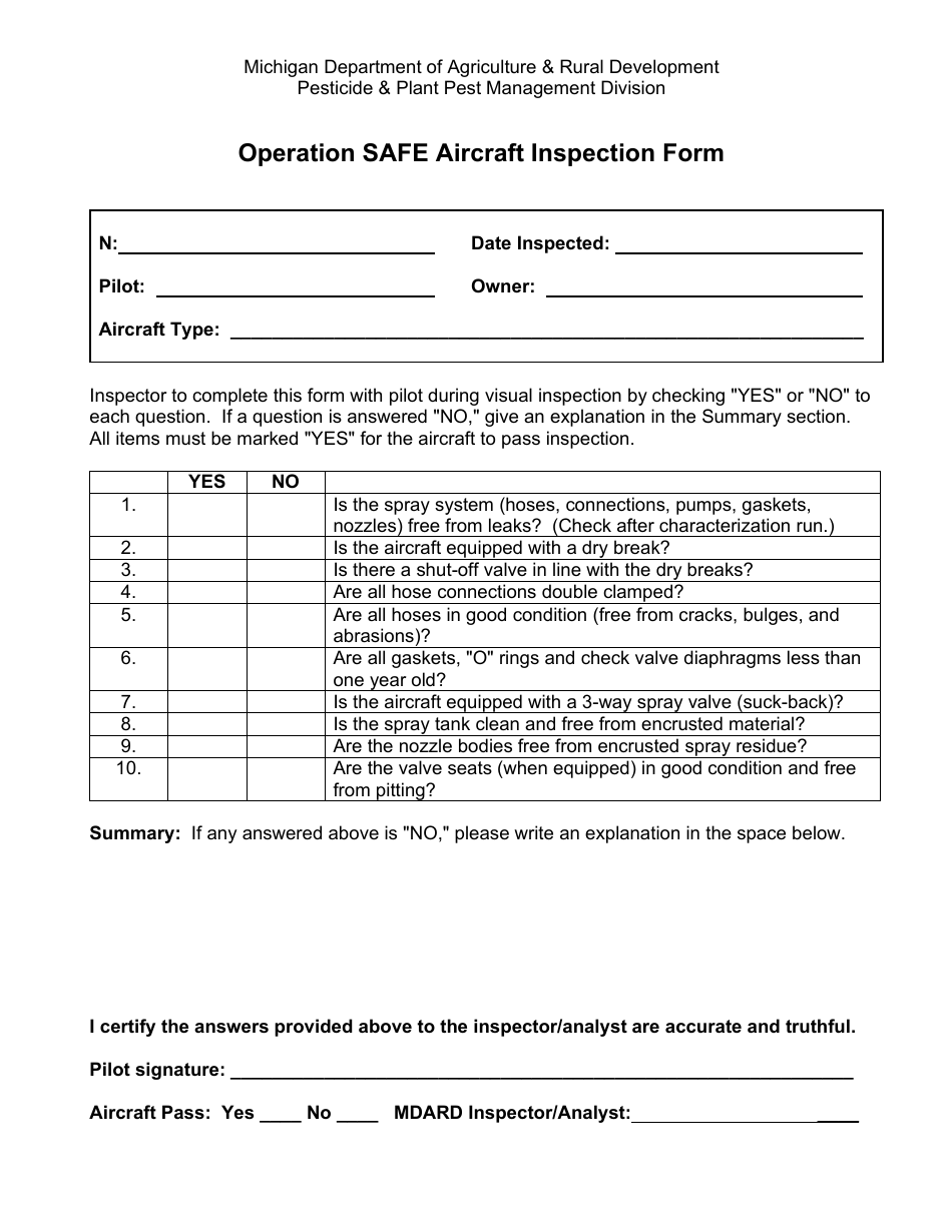 Operation Safe Aircraft Inspection Form - Michigan, Page 1