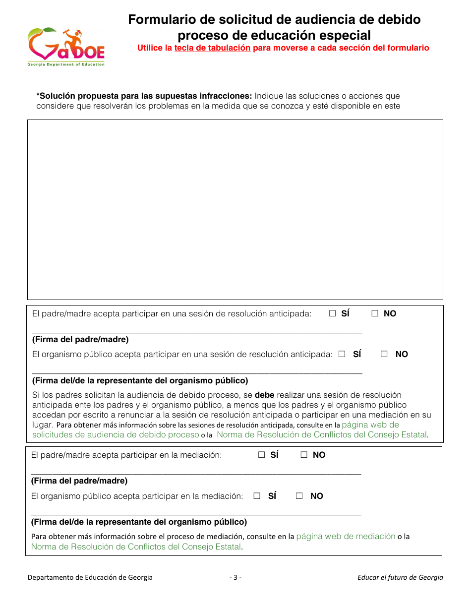 Formulario De Solicitud De Audiencia De Debido Proceso De Educacion Especial - Georgia (United States) (Spanish), Page 3