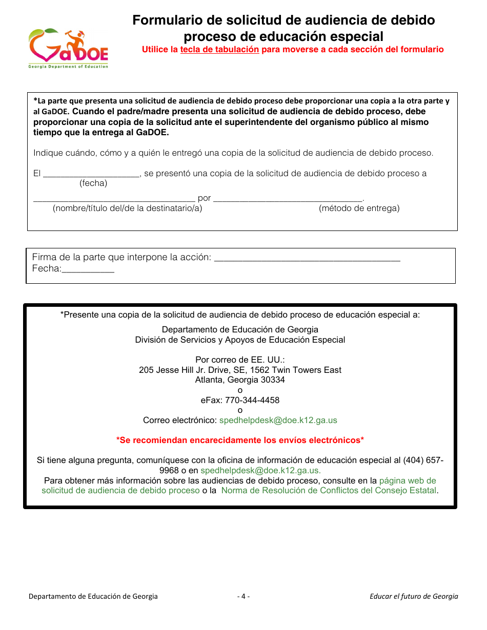 Formulario De Solicitud De Audiencia De Debido Proceso De Educacion Especial - Georgia (United States) (Spanish), Page 4