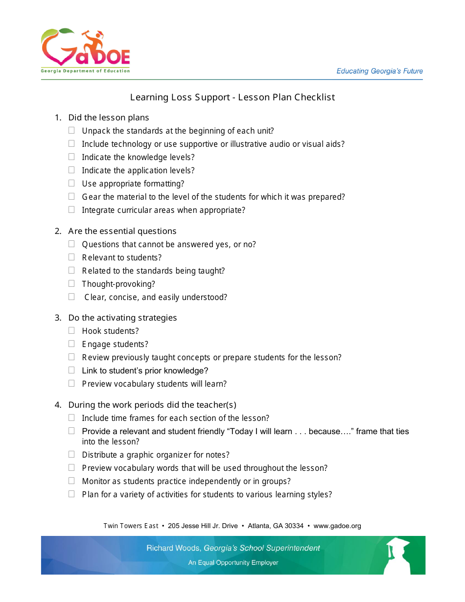 Learning Loss Support - Lesson Plan Checklist - Georgia (United States), Page 1