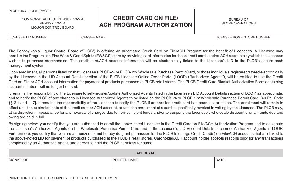 Form PLCB-2466 Credit Card on File/ACH Program Authorization - Pennsylvania
