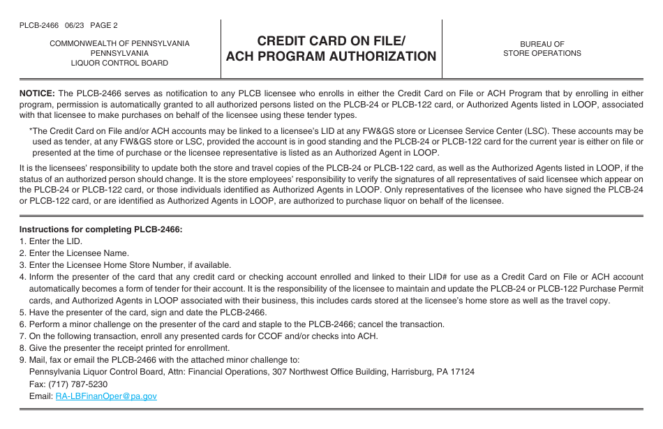 Form PLCB-2466 Credit Card on File / ACH Program Authorization - Pennsylvania, Page 2