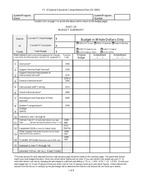 Form DE0885 Part III Special Education Comprehensive Plan - Budget Summary - Georgia (United States), 2023