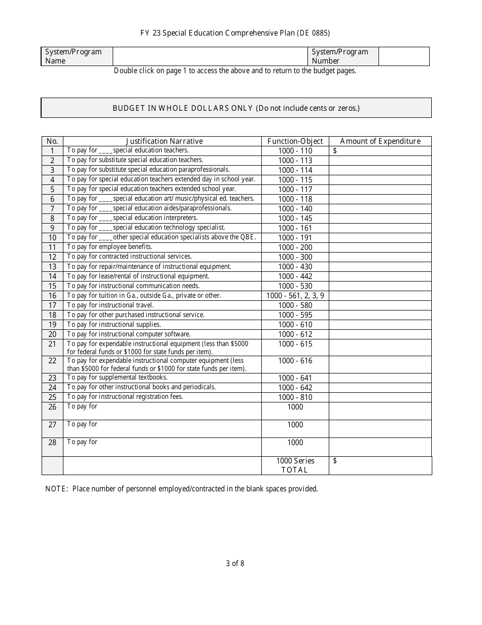 Form DE0885 Part III Special Education Comprehensive Plan - Budget Summary - Georgia (United States), Page 3
