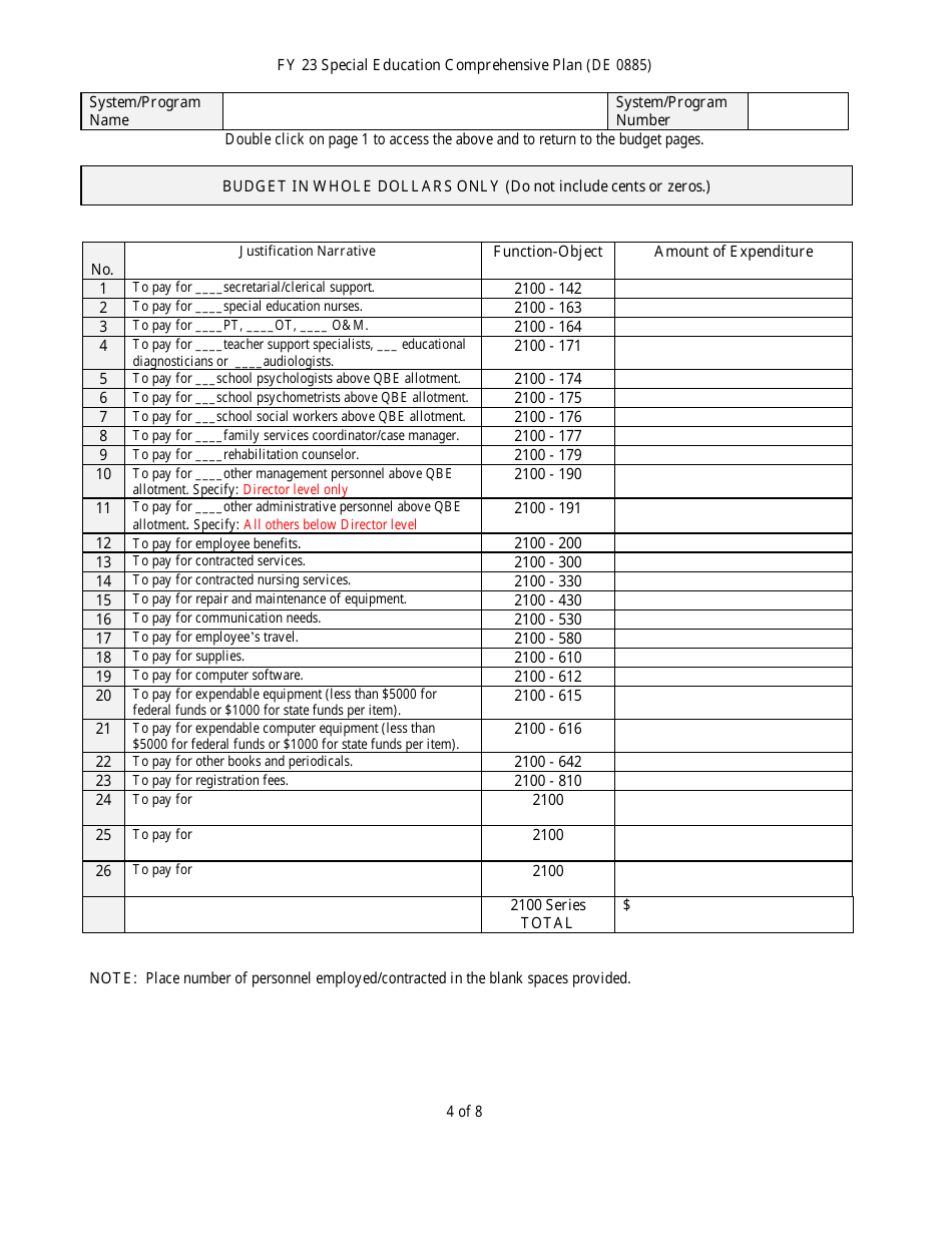 Form DE0885 Part III Special Education Comprehensive Plan - Budget Summary - Georgia (United States), Page 4