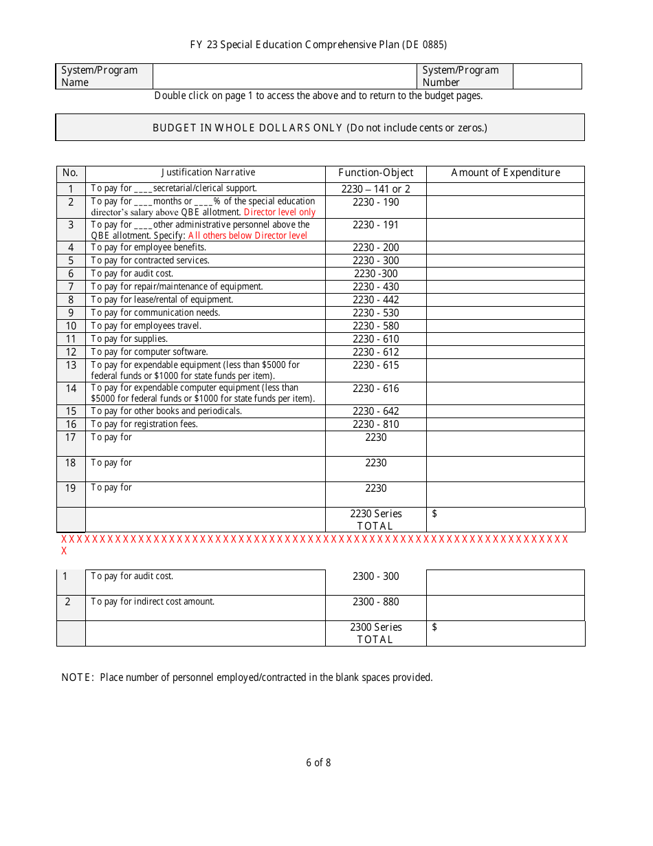 Form DE0885 Part III Special Education Comprehensive Plan - Budget Summary - Georgia (United States), Page 6