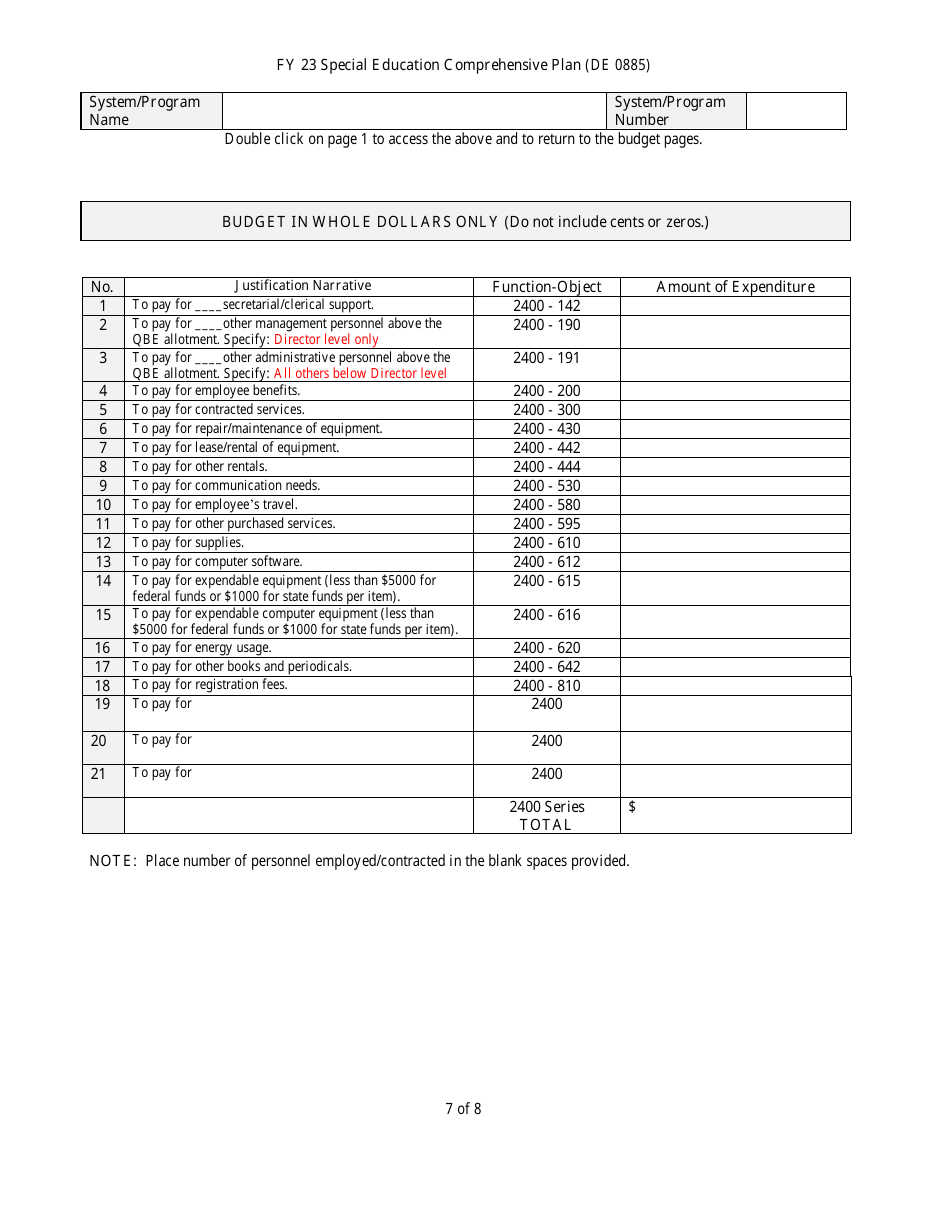Form DE0885 Part III Special Education Comprehensive Plan - Budget Summary - Georgia (United States), Page 7