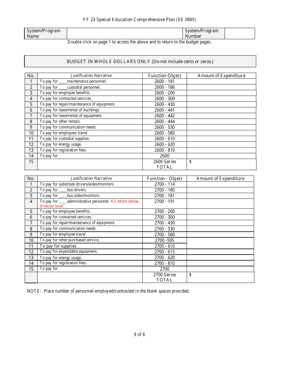 Form DE0885 Part III Special Education Comprehensive Plan - Budget Summary - Georgia (United States), Page 8