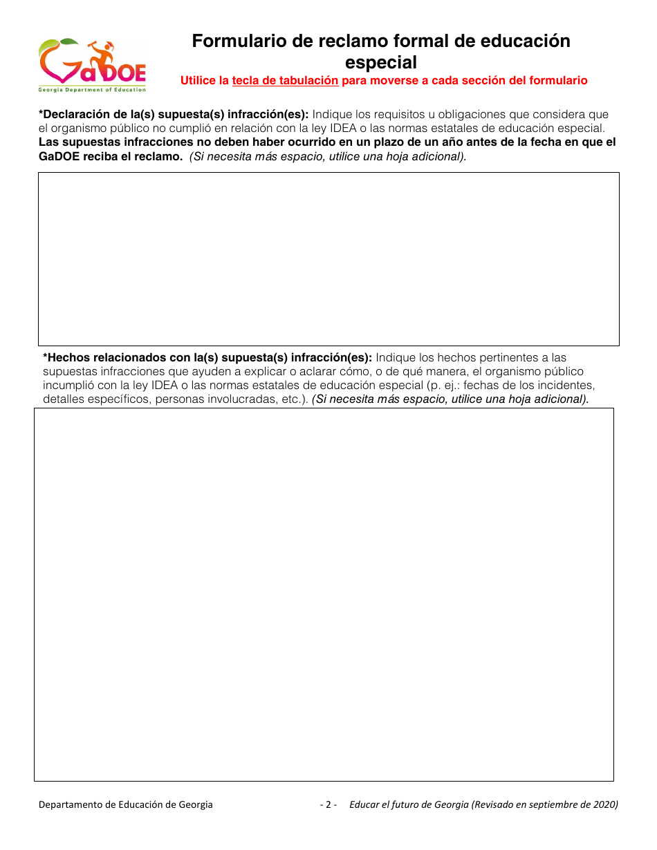 Formulario De Reclamo Formal De Educacion Especial - Georgia (United States) (Spanish), Page 2