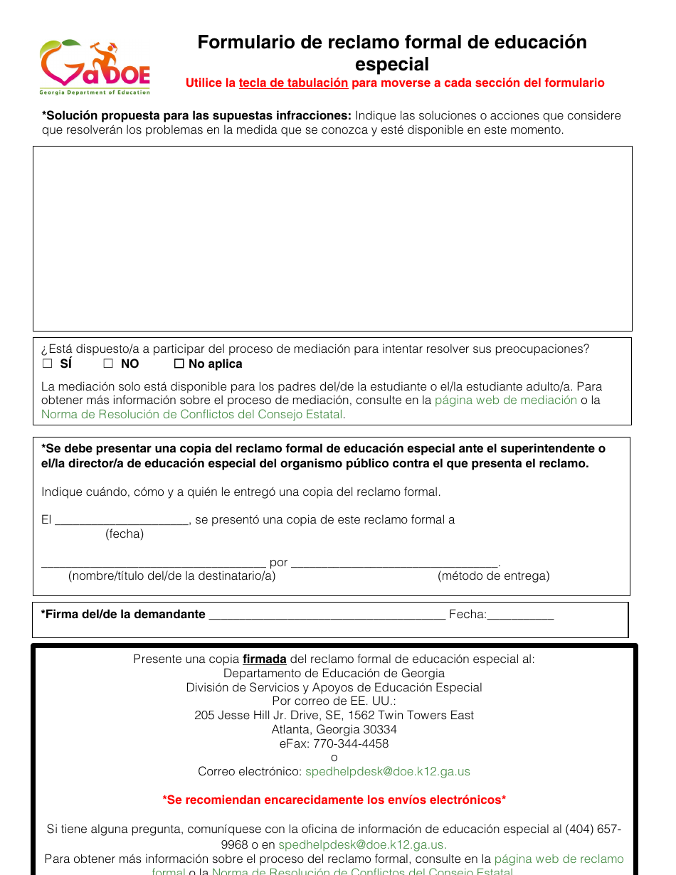 Formulario De Reclamo Formal De Educacion Especial - Georgia (United States) (Spanish), Page 3