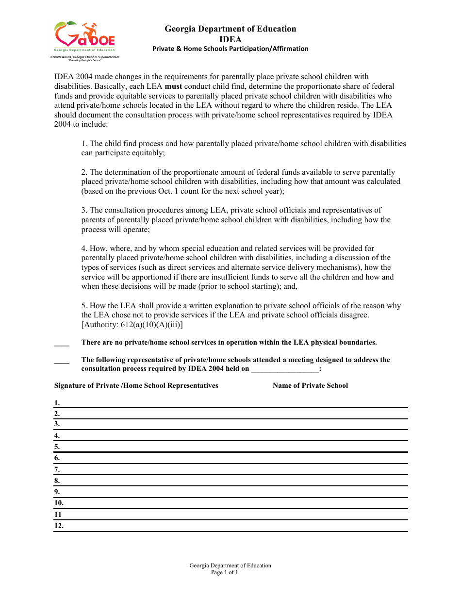 Idea Private  Home Schools Participation / Affirmation - Georgia (United States), Page 1