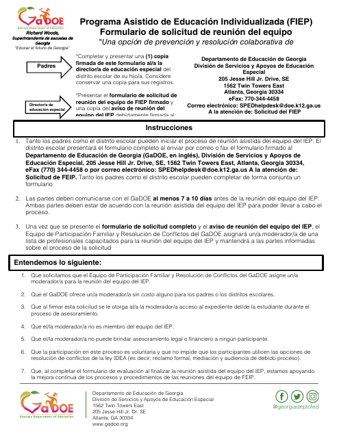 Formulario De Solicitud De Reunion Del Equipo - Programa Asistido De Educacion Individualizada (Fiep) - Georgia (United States) (Spanish)