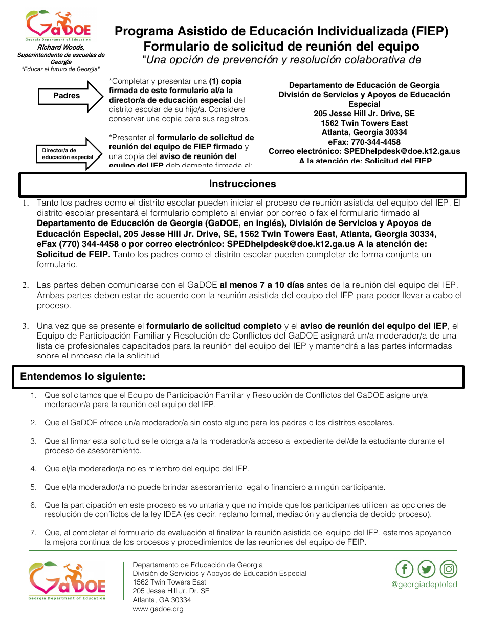 Formulario De Solicitud De Reunion Del Equipo - Programa Asistido De Educacion Individualizada (Fiep) - Georgia (United States) (Spanish), Page 1