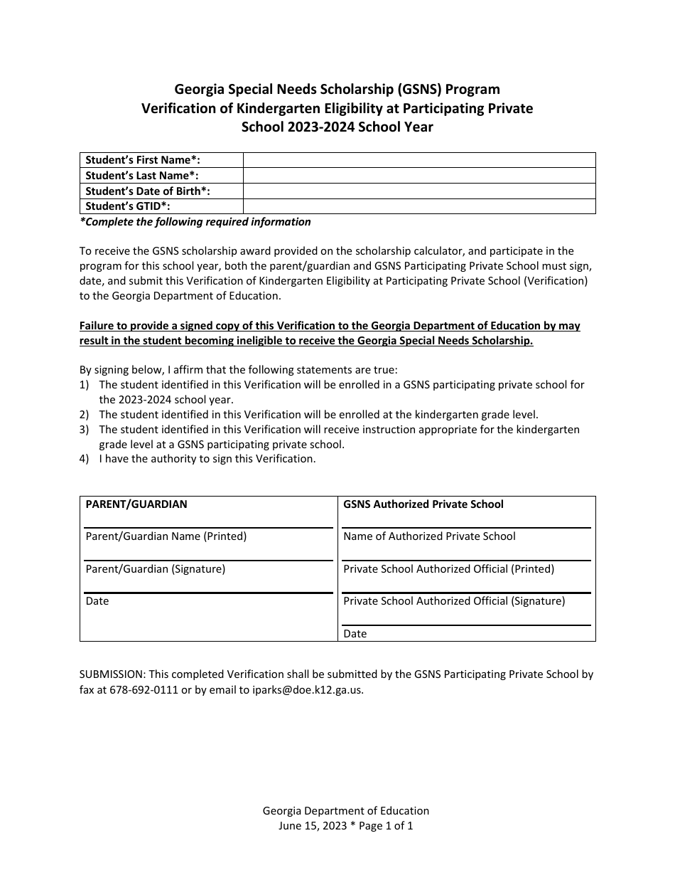 Verification of Kindergarten Eligibility at Participating Private - Georgia Special Needs Scholarship (Gsns) Program - Georgia (United States), Page 1