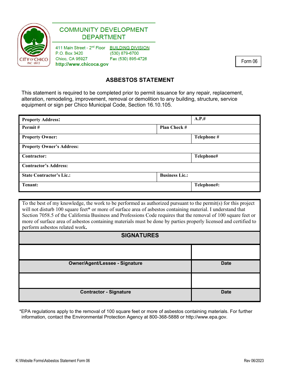 Form 06 Asbestos Statement - City of Chico, California, Page 1